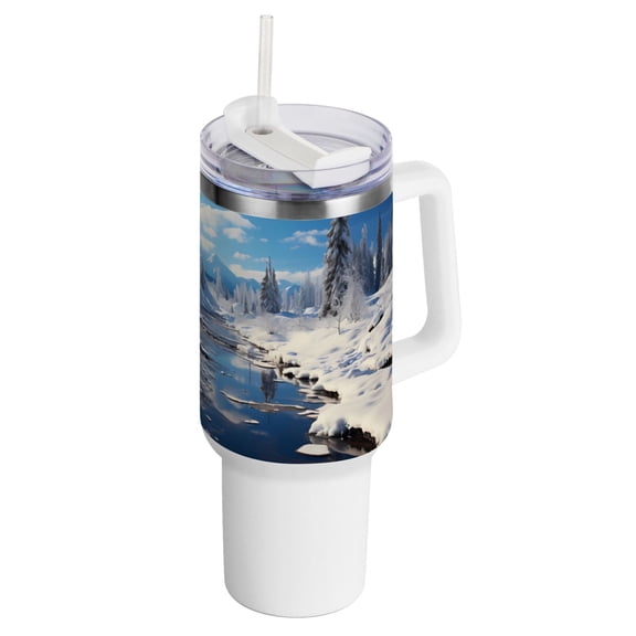 40 oz Insulated Tumbler with Handle and Straw Lid Snow Forest Stainless Steel Water Bottle Travel Mug for Car
