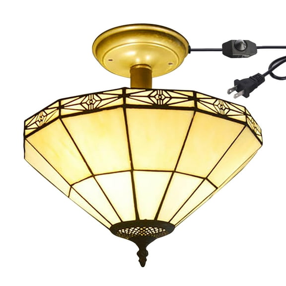 Kiven 13.8in Flush Mount Ceiling Light Fixture Dimmable, 3-Light Anti Glare Close to Ceiling Light with 15FT Plug-in Cord, Tiffany-Style Glass Chandelier for Bedroom Kitchen Hallway(No.3197)