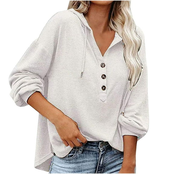 Jalioing Women's Hooded Pullover Hoodies Button V-Neck Drawstring Long Sleeve Lounge Baggy Sweatshirt (X-Large, White)
