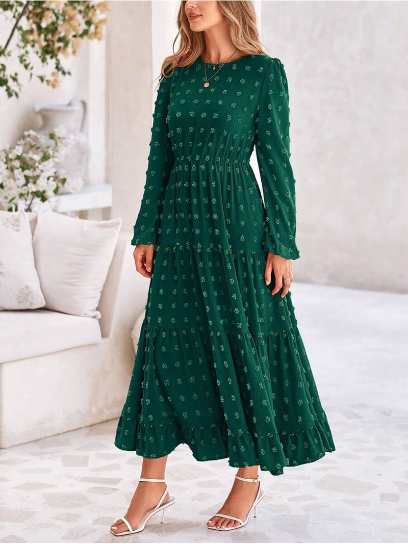 Dark Green Long Sleeve Tiered Maxi Dress With Floral Print