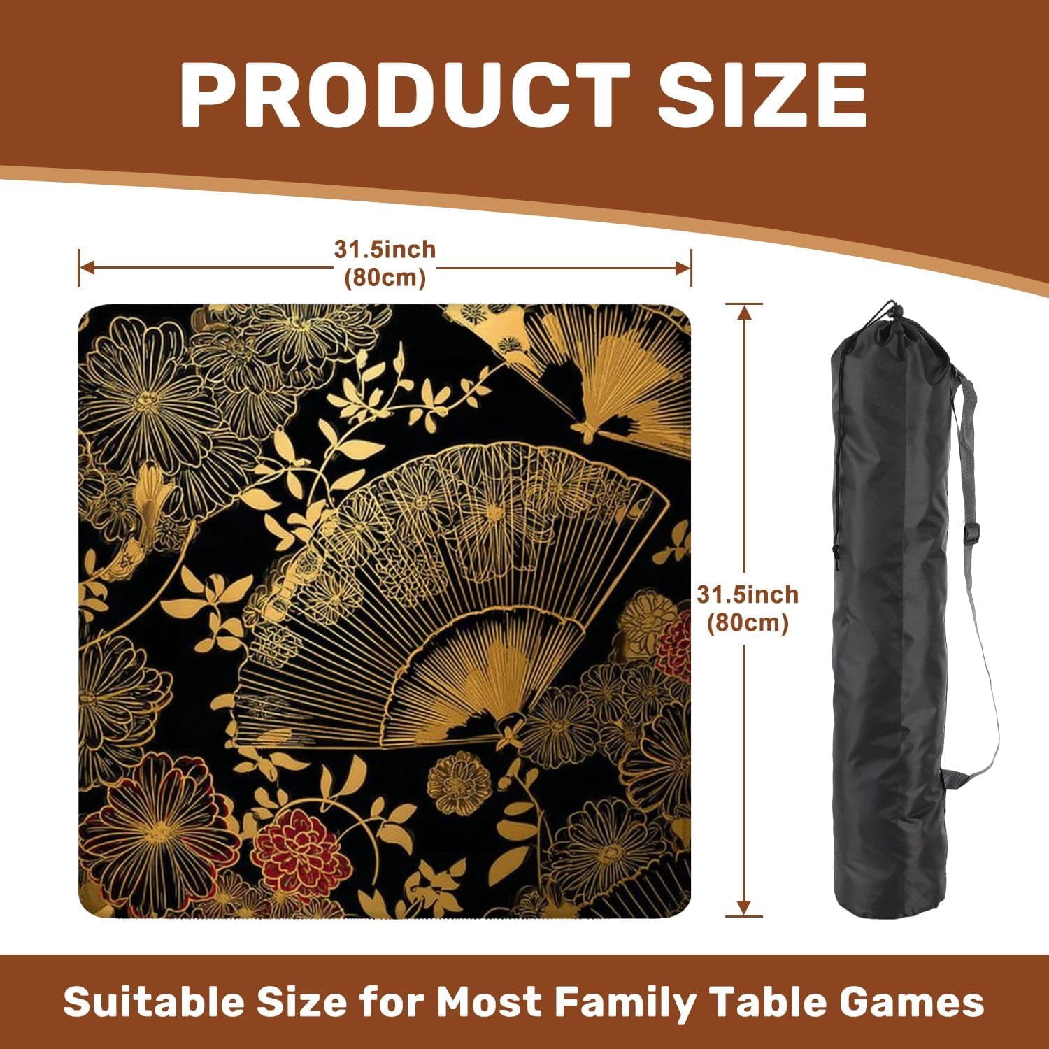 Mahjong Mat 31.5" x 31.5" Fan Flower Unbrella Japanese Chinese Seamless Design Gold Black Non-Slip Noise Reduction Mahjong Tiles Table Cover for Dominoes Poker Card Board and Tile Games