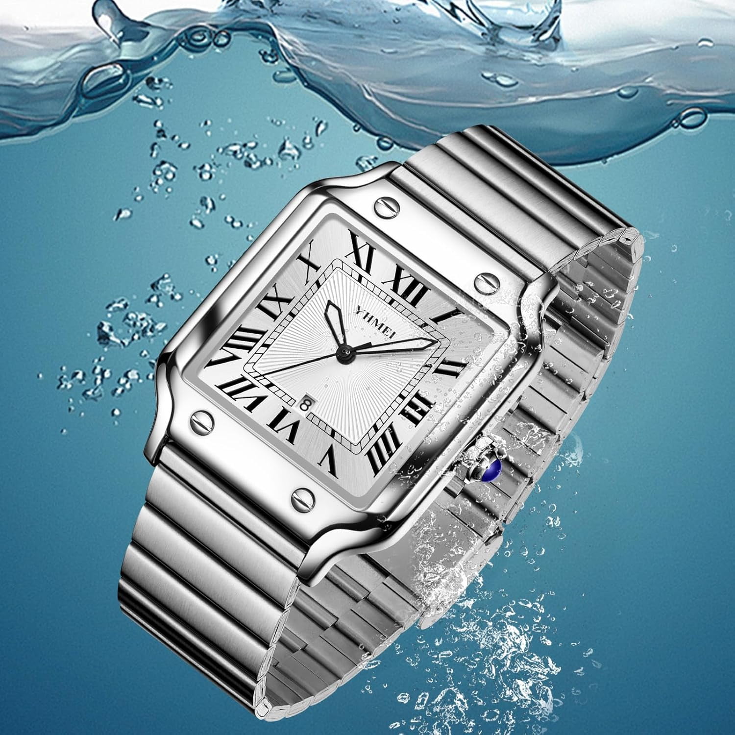 Unisex Classic Square Roman Numerals Silver Analog Waterproof Watches for Women Men Stainless Steel Strap Date Display Casual Wristwatch