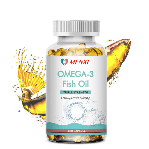 MENXI Omega-3 Fish Oil Capsules 2500mg, 3X Strength Concentrated EPA & DHA, No Fishy Smell Burpless Formula, High Potency Omega 3 Supplement, 120 Count