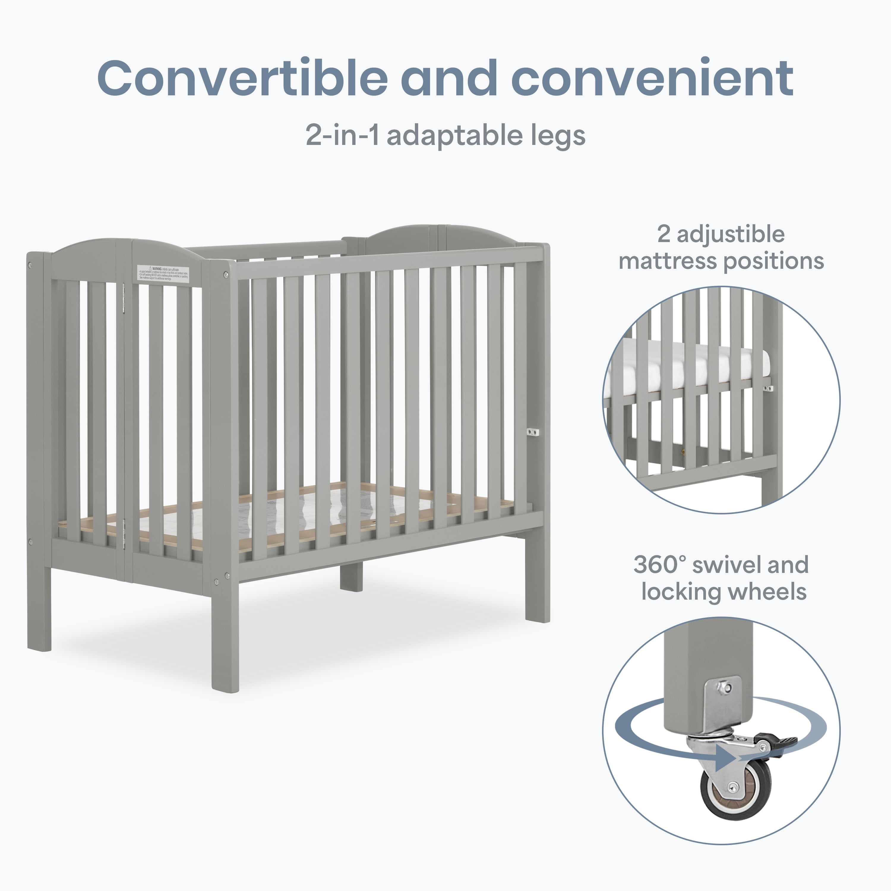 Dream On Me 2‑in‑1 Folding Portable Mini Crib for Babies – Compact Size, Mattress Pad Included,Cool Grey