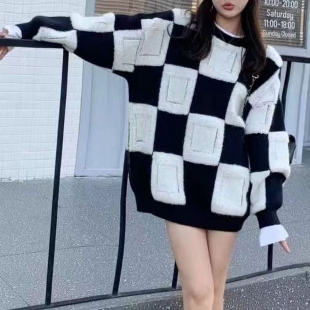 Suéter grueso de cuadros de invierno para mujer, suéter de punto flocado de manga larga holgado coreano elegante a la moda