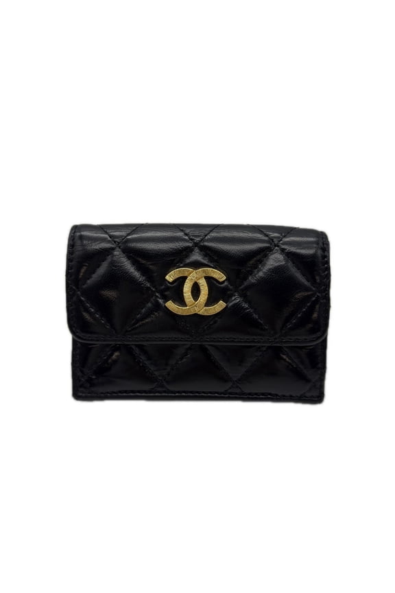 Pre-Owned CHANEL Matelass Small Flap Wallet AP4318 Tri-fold Black Gold Lambskin Women's