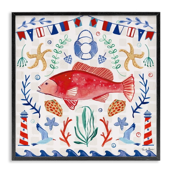 Stupell Industries Rustic Lodge Nautical Patterned Fish Black Framed Giclee Art, 12 x 12, by Farida Zaman