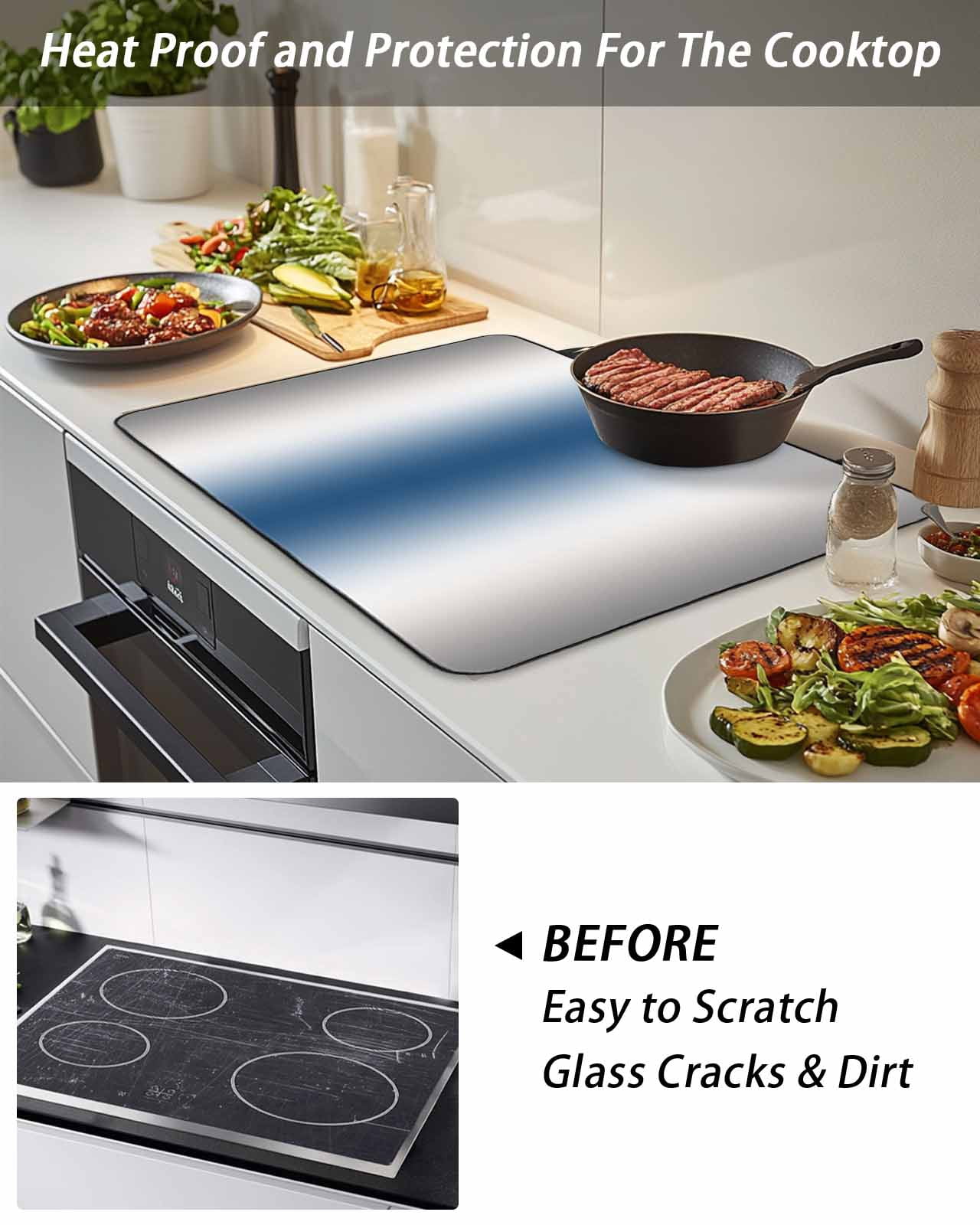 Stove Top Covers for Electric Stove, Lake Blue Grey White Glass Stovetop Cover Protector, Farmhouse Ombre Color Modern Induction Cooktop Protector Oven Mat for Kitchen Countertop 24"x21"
