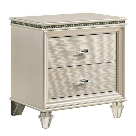 Benjara Nightstand with Textured 2 Drawers and Acrylic Legs, Pearl White