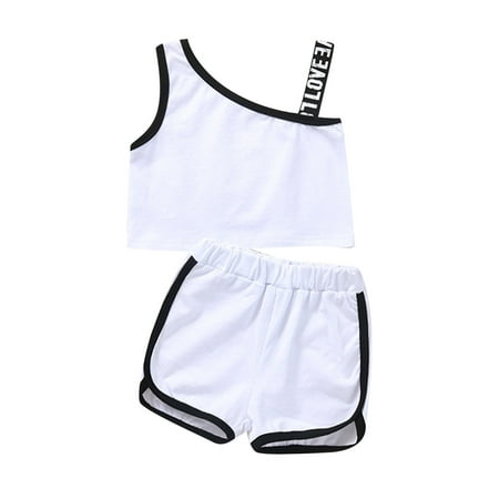 

GWAABD Summer Outfits for Girl White Cotton Kids Toddler Baby Girls Spring Summer Print Cotton Ribbed Sleeveless Vest Shorts Outfits Clothes 130