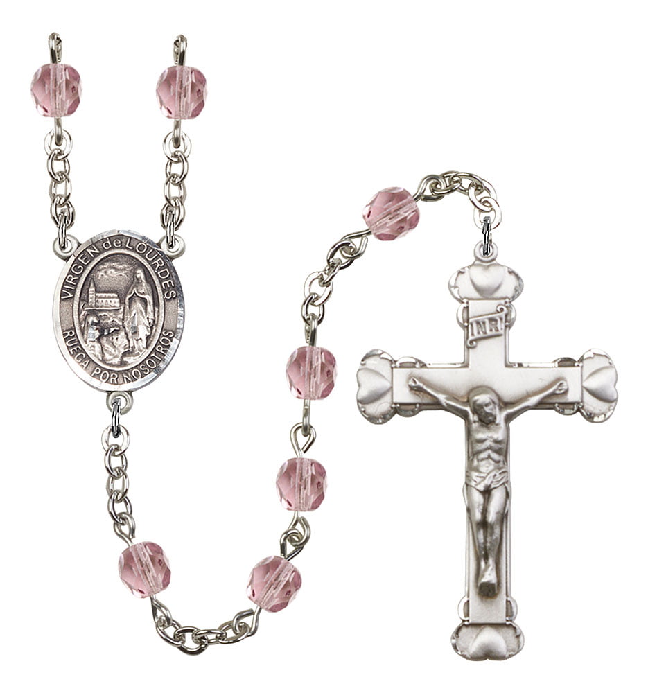 and 1 5/8 x 1 inch Crucifix Gift Boxed Silver Finish Virgen del Lourdes Rosary with 6mm Saphire Color Fire Polished Beads Virgen del Lourdes Center