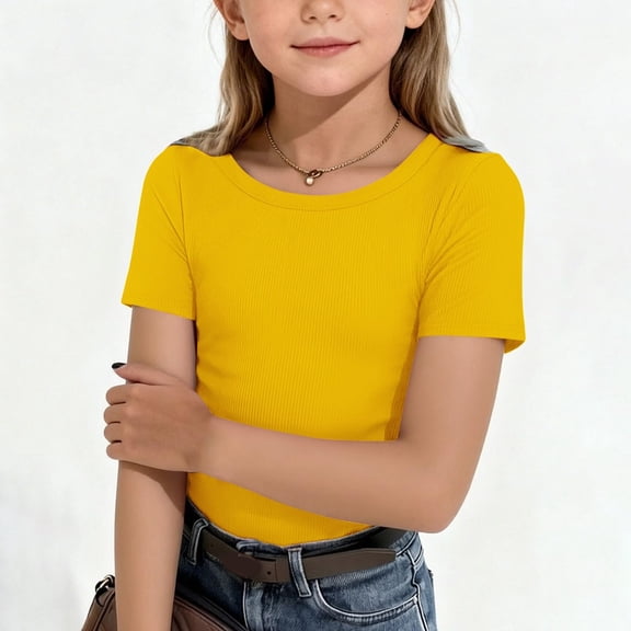 Resicozy Girls Shirts Cute Basic Summer Tops Ribbed Fitted Short Sleeve Tees Side Ruched T-Shirt 5-13 Years Yellow 120