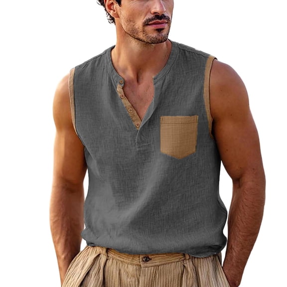 POIUYTR Men Casual Cotton Linen Tank Tops Summer V Neck Solid Color Sleeveless Shirts Loose Camisole With Pockets