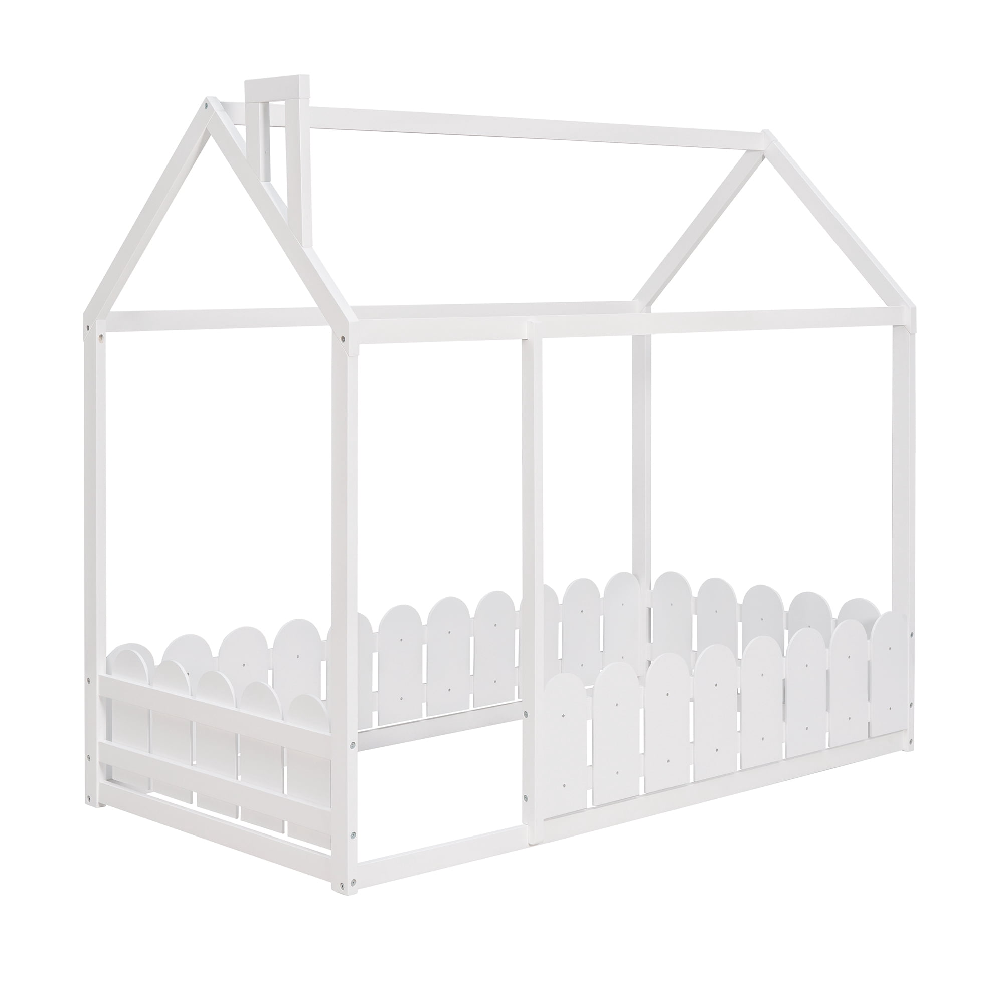 Alvantor Montessori Wood Bed Twin Size House Floor Bed with Fence Playhouse Bed Frame for Girls, Boys White