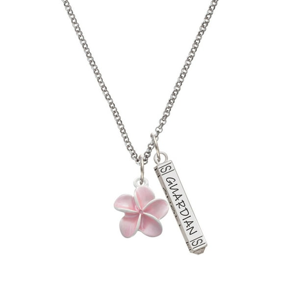 Delight Jewelry Silvertone Pink Plumeria Flower Silvertone Guardian Angel Bar Charm Necklace, 23"