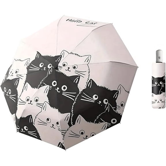 Cat Sun & Rain Umbrella Automatic Folding,Black Coating Anti-UV, Windproof, Lightweight, Portable Travel Companion for Men and Women