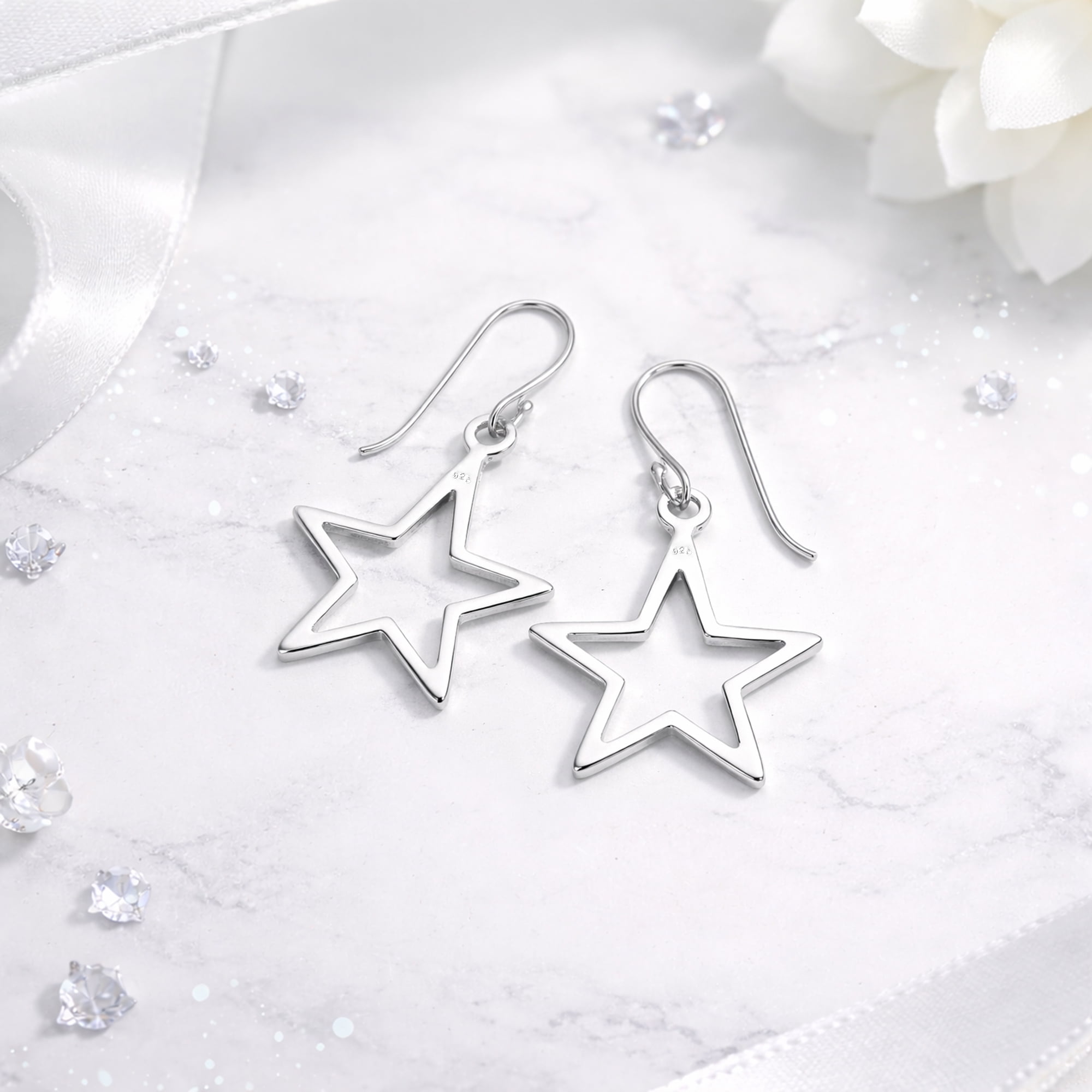 Symmetric Everyday 5 Point Shining Star .925 Sterling Silver Dangle Earrings