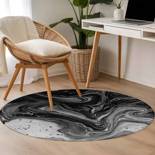 4ft Round Rug, Black Marble Non-Skid Rubber Backing Large Area