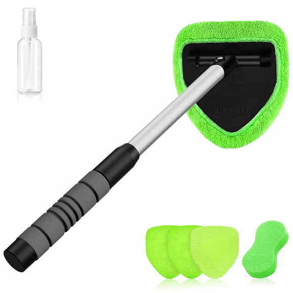Portable Windshield Cleaner Tool – Car Interior Window Cleaning Kit with Extended Long Handle & 4 Microfiber Pads