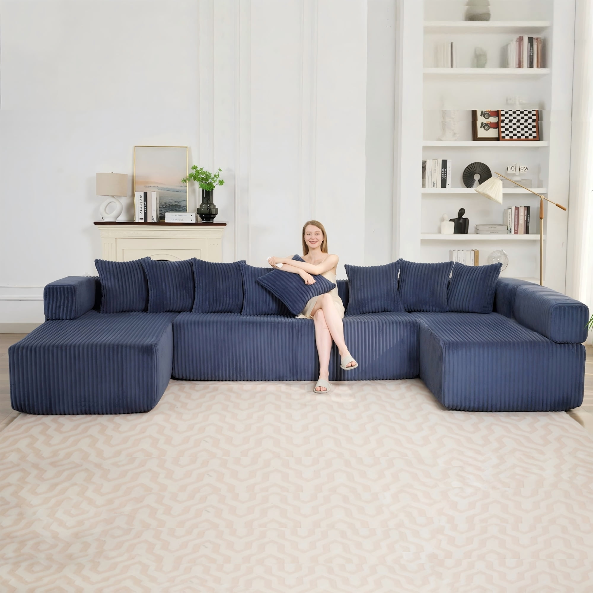 LLappuil 146" Sectional Sofa, U Shaped Sectional Couch with Chaise, 5 Seat Corduroy Sofa Convertible Sleeper Sofa Bed for Living Room Blue