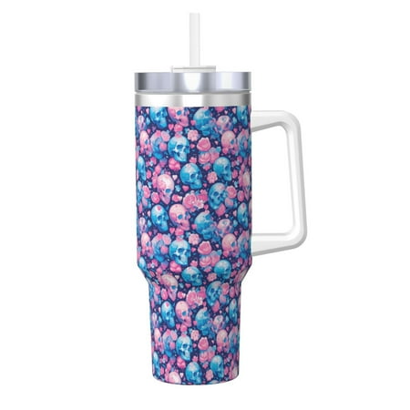 

Gaeub Blue Flower Skull Print Stainless Steel Hot/Cold Coffee Cup 40oz Ice Bully Cup With Handle And Straw Travel Coffee Cup