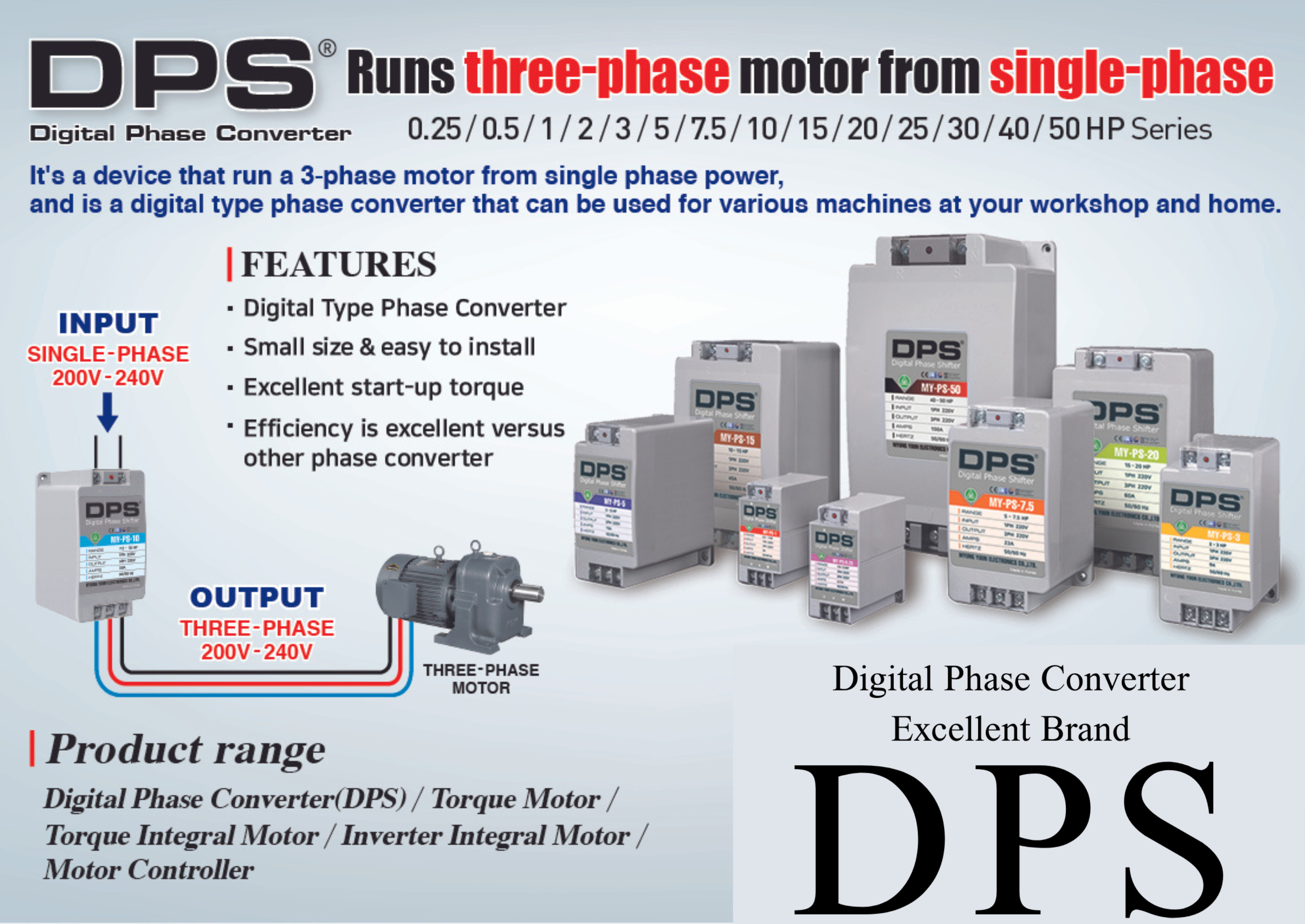 Single to Phase Converter, MY-PS-1 Model, Suitable for 200-240V  0.5HP(0.4kW) 1.5Amps Phase Motor, One DPS Must Be Used for One Motor Only,  Input/Output 200V-240V, Digital Type
