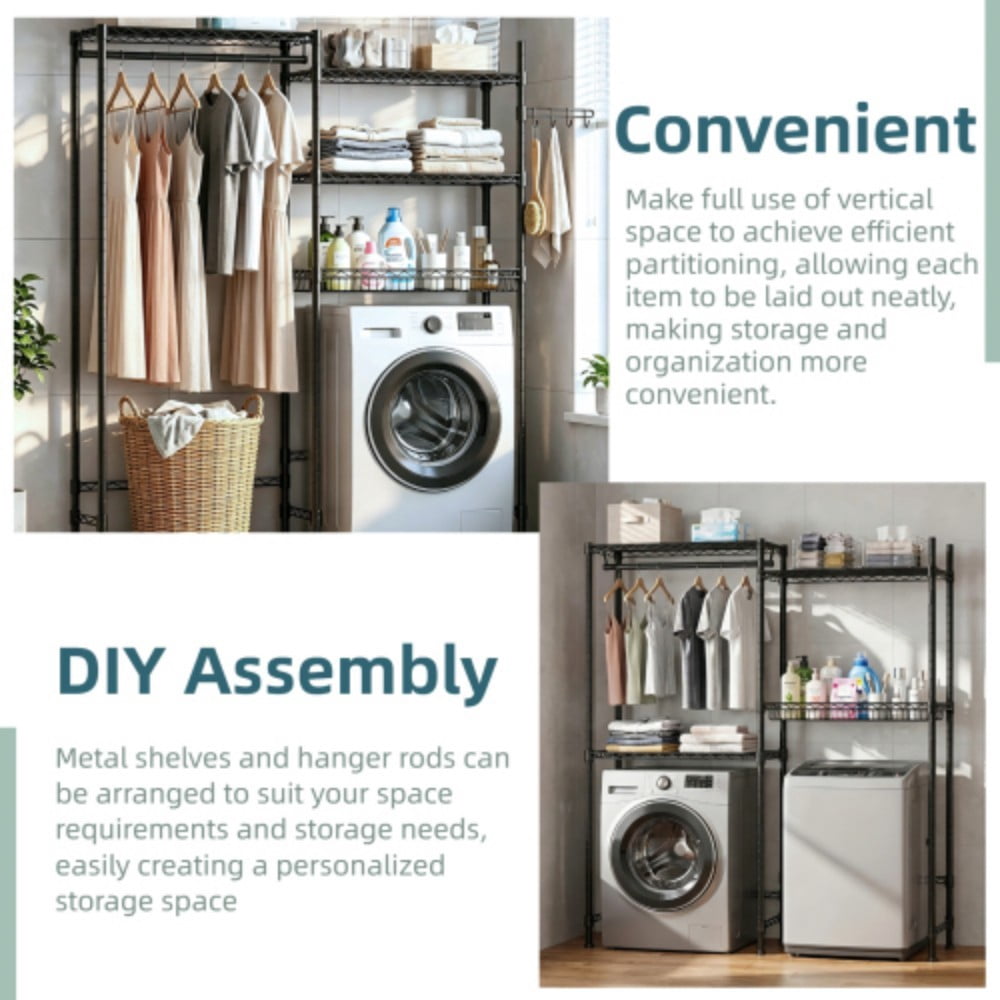 Over Washer and Dryer Storage Rack, 4-Tier Laundry Room Organizer with 3 Wire Shelves, Hanging Rod, Metal Basket & Rotating Hooks, Adjustable Heavy Duty Shelving, Black