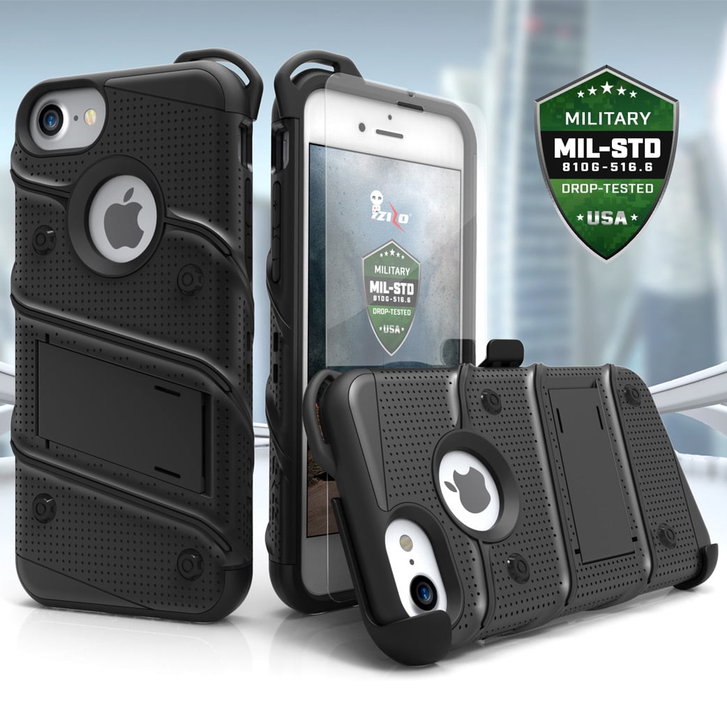 ZIZO BOLT Series for iPhone SE (3rd and 2nd gen)/8/7 Case with Screen Protector Kickstand Holster Lanyard - Black & Black