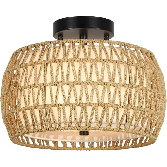 Boho Style Ceiling Light with Rattan Shade - Farmhouse Inspired Semi Flush Mount Fixture for Kitchen, Living Room, Bedroom and Hallway