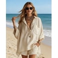 thumbnail image 2 of Dianli Women's Two Piece Boho Outfit, Oversized Button Down Shirt and Shorts Set, Casual Linen Summer Beach Vacation Wear, Lightweight Loungewear for All Occasions Pink M, 2 of 8