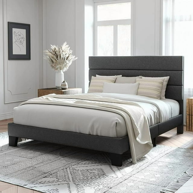 Allewie Lit Plateforme Format Grand avec Tête de Lit Rembourrée en Tissu, Gris Foncé