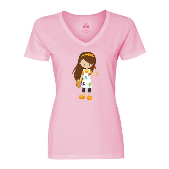 Inktastic Cute Girl, Brown Hair, Painter, Paint Artist Women's V-Neck T-Shirt