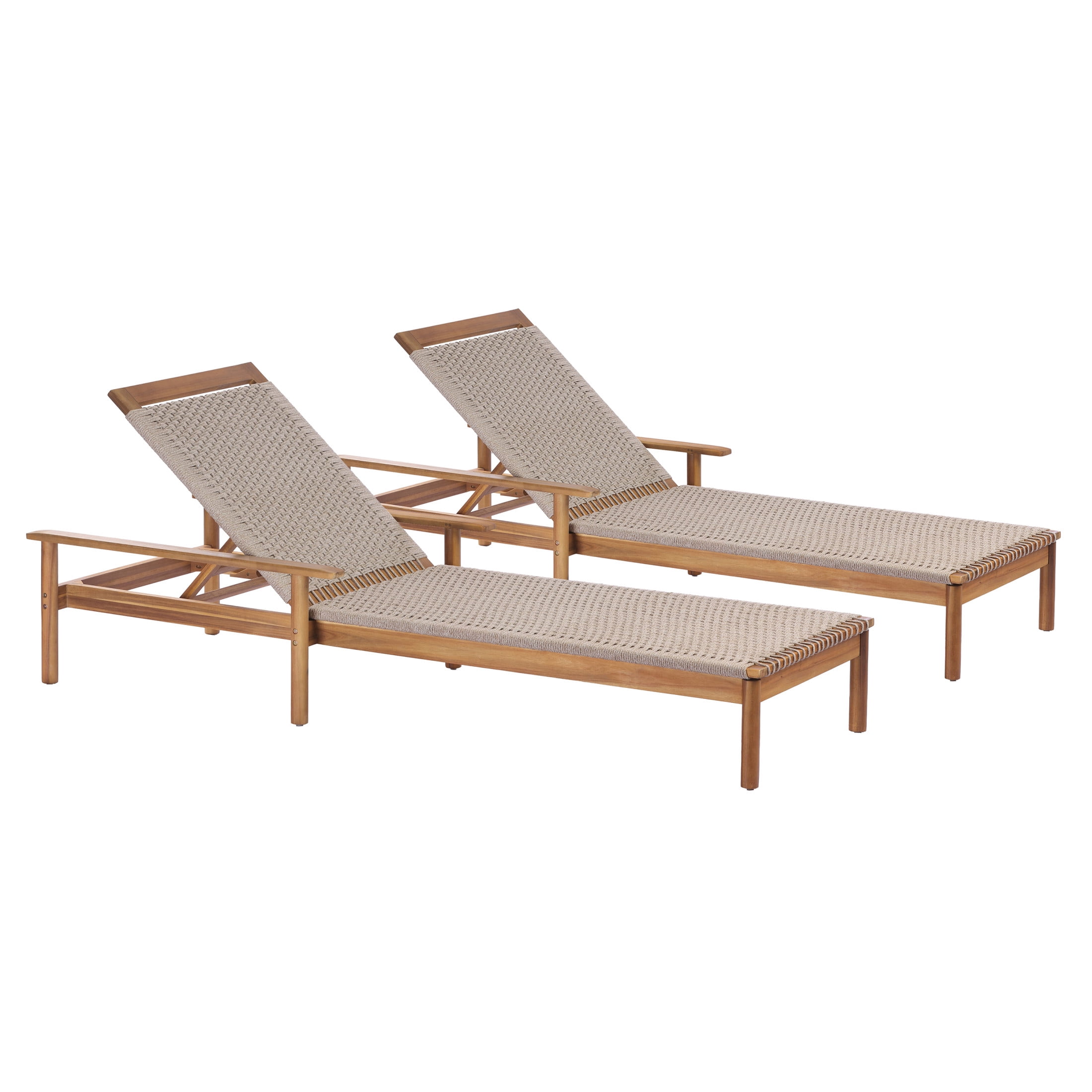Christopher Knight Home Outdoor Acacia Wood Chaise Lounge with Beige Mix Rope, Adjustable Backrest, Teak, Set of 2