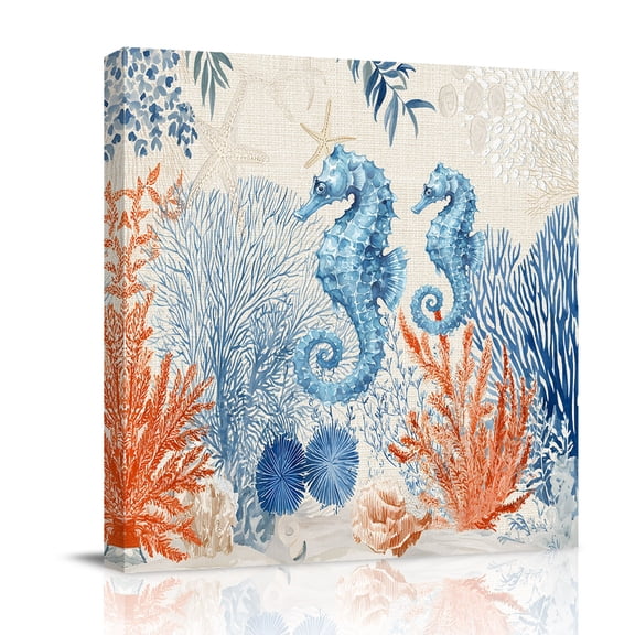 Sea Corals Seahorse Canvas Wall Art for Living Room, Summer Beach Sea Stars Linen Texture Poster Print Painting for Bedroom Office Home Decoration Wall Pictures Prepare To Hang 8"x8"
