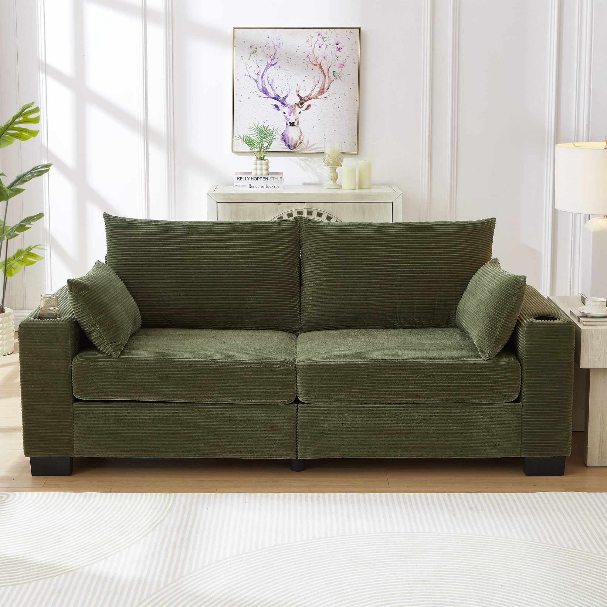 78" Corduroy Sofa,3 Seater Sofa with Extra Deep Seats,Modern Upholstered Couch with USB,Cup Holders & Side Pocket,2 Pillows for Living Room,Green