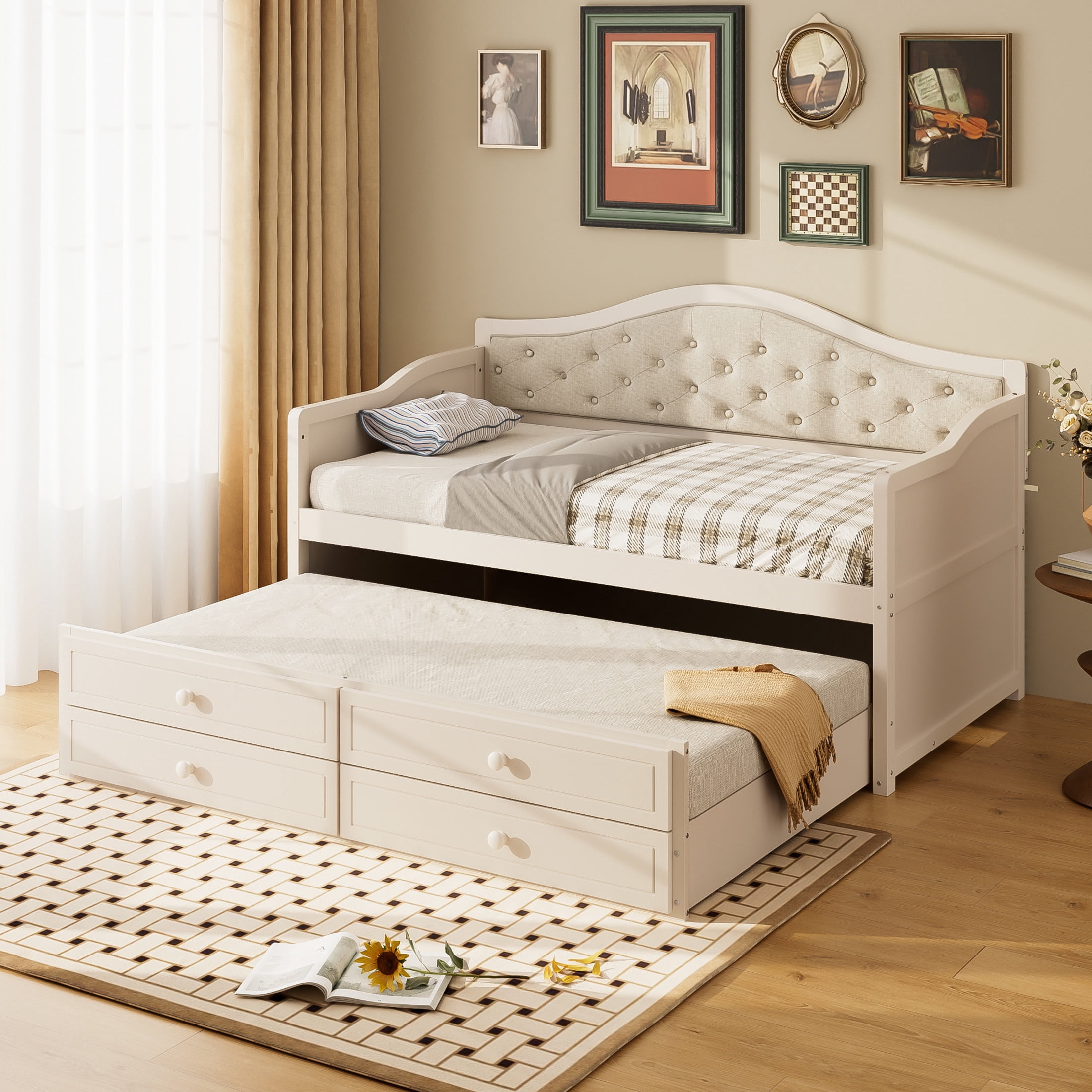 Noble House Twin Daybed with Trundle, 2 Storage Drawers, Upholstered Tufted Backrest, Beige