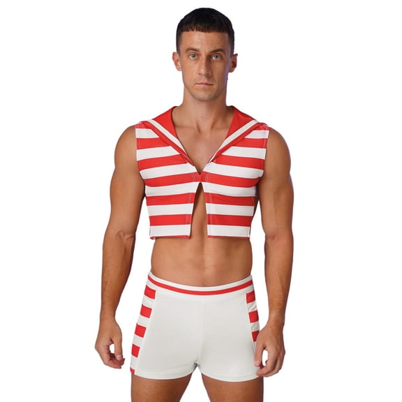 YiZYiF Men's Nautical Sailor Cosplay Outfit Striped Crop Tank Top Boxer Shorts for Halloween Party Red M