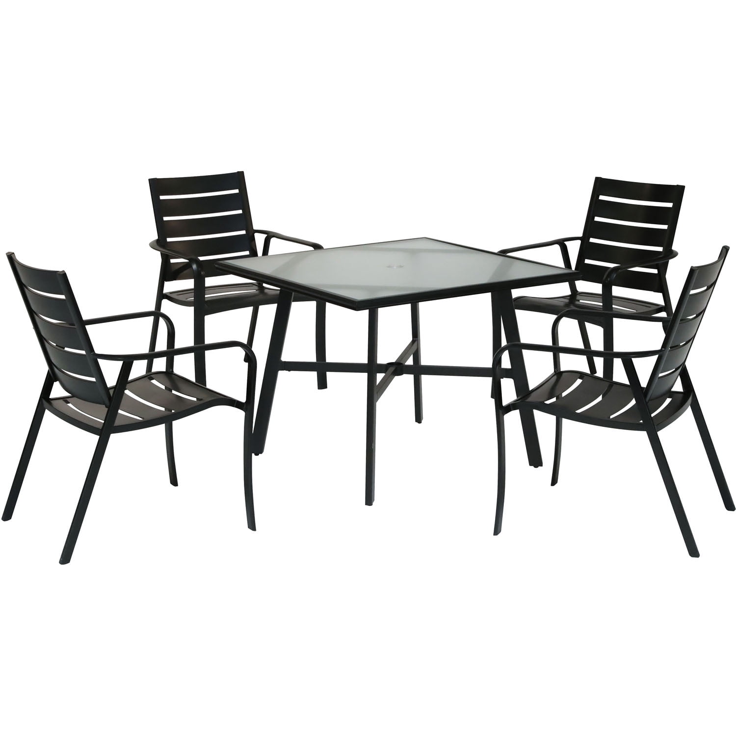 Hanover Cortino 5-Piece Commercial-Grade Patio Dining Set with 4 Aluminum Slat-Back Dining Chairs and a 38' Tempered-Glass Table