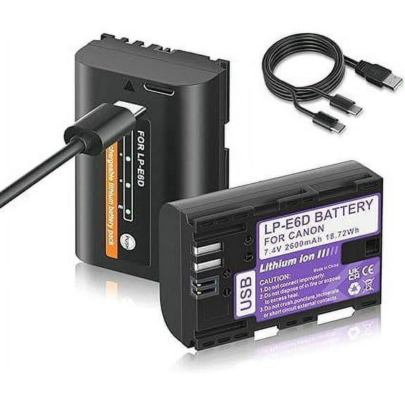 2 Pack Canon Camera Battery LP-E6,2600mah LP-E6N Canon Battery Charger USB C for Canon EOS R 6D 7D 60D 70D 80D 90D, 5D Mark II III IV, 6D Mark II, 7D Mark II, 5DS R, XC10 XC15 Camera