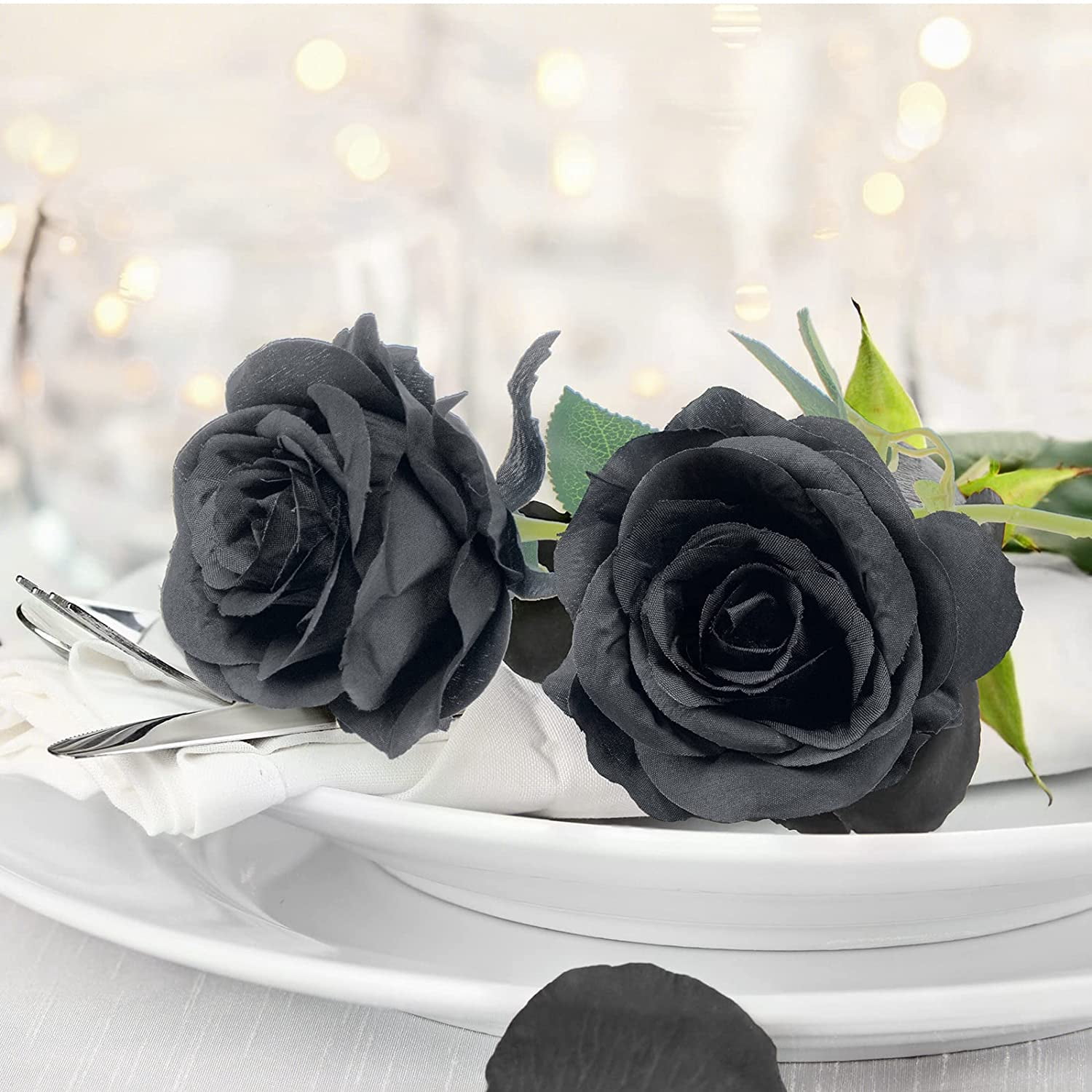 ZOELNIC 24Pcs Rose Artificial Flowers, Black Fake Roses Realistic Silk Roses with Single Stems, Faux Roses Bouquet for Wedding Centerpieces Bridal Shower Party Home Table Decorations