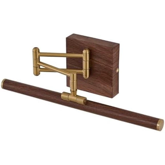 Modern Hard-Wired Picture Light, Wall Mounted Swing Arm Art Light with Adjustable Arms, Brass Finish & Walnut Wood Accent, Dimmable Gallery Lighting for Paintings, Mirrors, Artwork