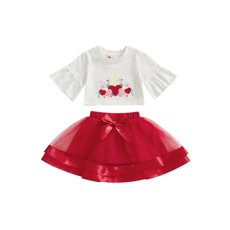

Musuos Baby Girls Unicorn Flare Sleeve Shirt Tops Princess Tulle Tutu Ball Gown Mini Skirt