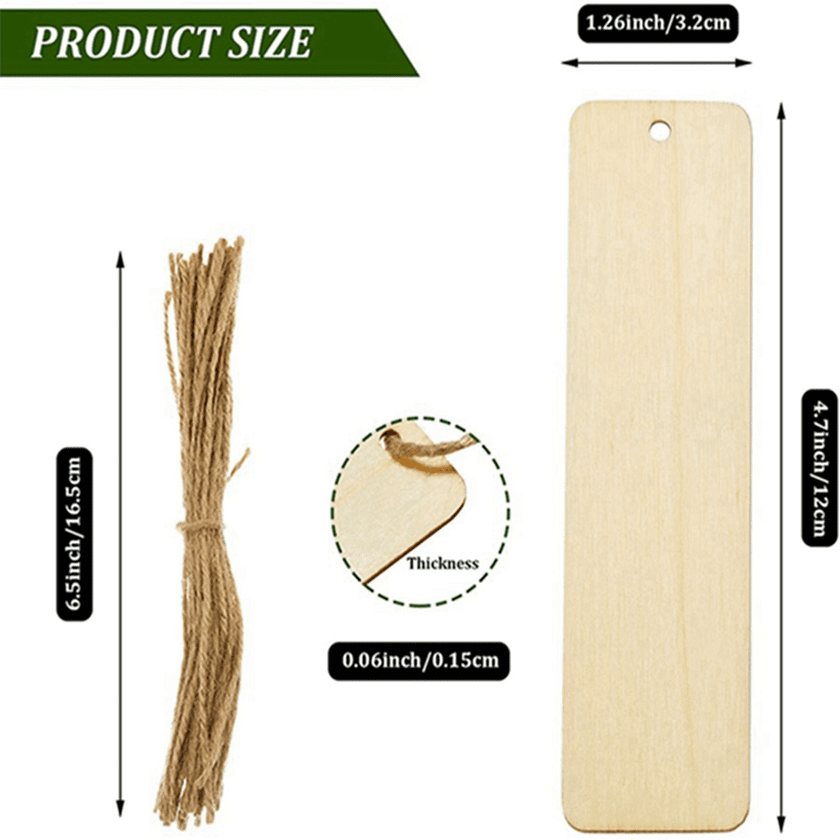 300Pcs Wooden DIY Bookmark Blank Bookmarks with Ropes Wooden Book Markers Rectangle Thin Hanging Tag