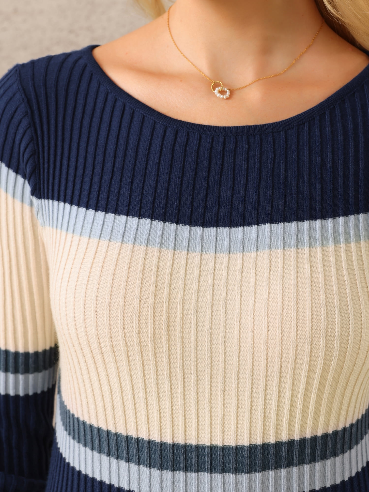 DARING DIVA Women's Striped Long Sleeve Ribbed Knit Bodycon Dress S Grey Blue