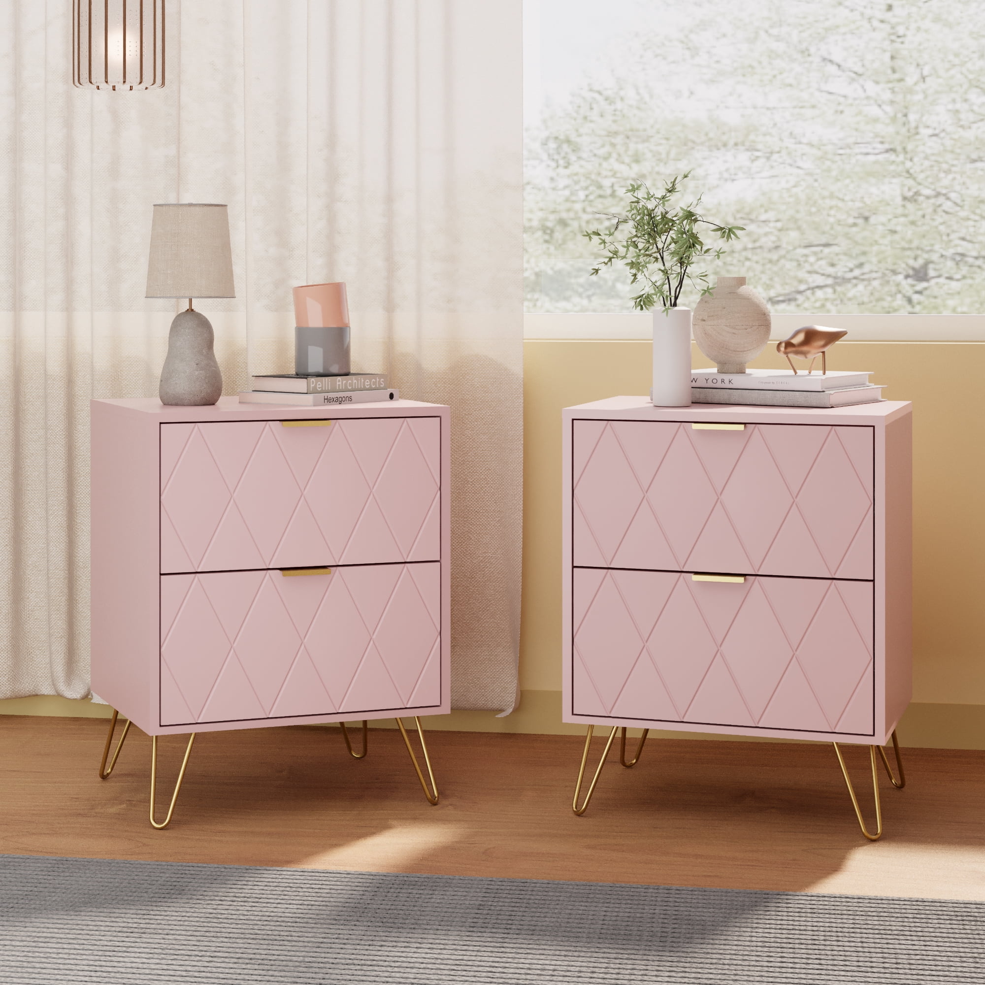 Eclife Set of 2 Pink Nightstands Gold Handles and Legs Wide Sturdy Side Table Cabinet for Bedroom Home Adult Kids