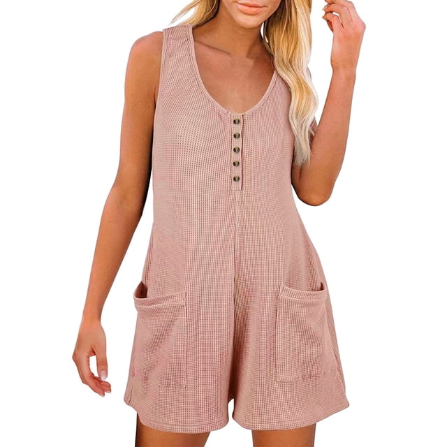TrendOFT Jumpsuits For Women Casual Summer U Neck Sleeveless Solid Button Down Adjustable Waist Drawstring Womens Rompers One Piece Overalls Pink S