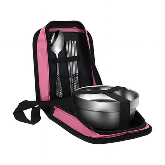 NAMZI Camping Hiking Tableware Set, Portable Stainless Steel Bowls & Cutlery with Picnic Bag, Durable Outdoor Tableware-Pink