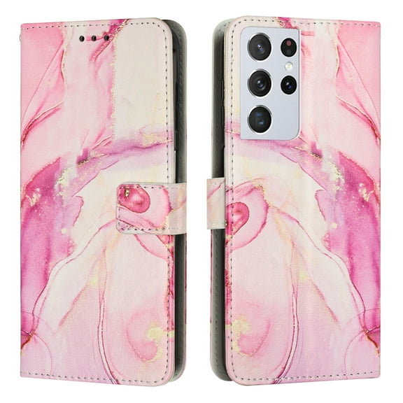 Dteck Colorful Painting Case Compatible with Samsung Galaxy S21 Ultra,PU Leather TPU With Shockproof Kickstand Magnetic Case for Samsung Galaxy S21 Ultra 6.8 inch,Rosegold