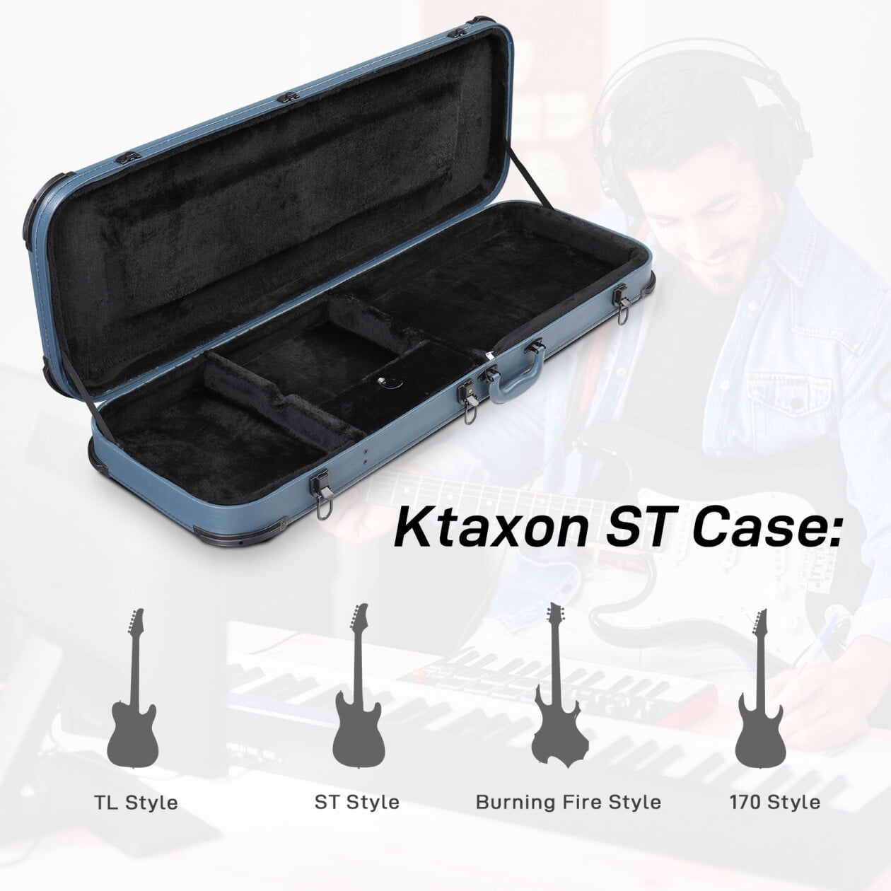 Electric Guitar Square Hard Case with Storage Compartment, Guitar Shell Case with Lock, Portable Square Hardshell with Protective Sleeve for ST, TL, Burning Fire 170 Style, Blue