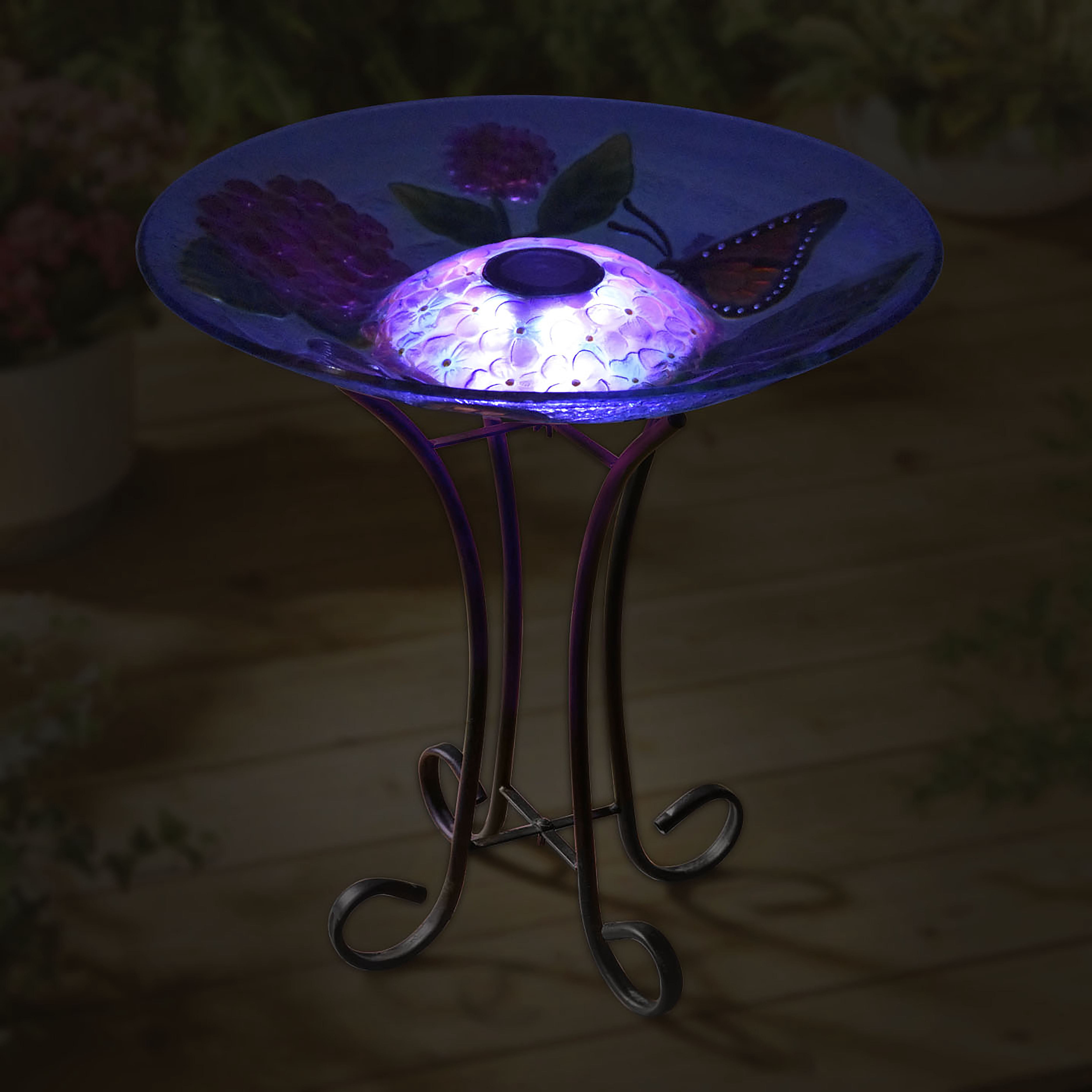 Hi-Line Gift Solar LED Glass Bird Bath with Stand, Floral